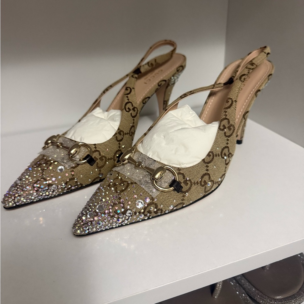 Gucci Women's Beige Rhinestone Slingback Heels